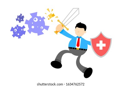 businessman worker protection fight against corona virus pathogen cartoon doodle flat design style vector illustration