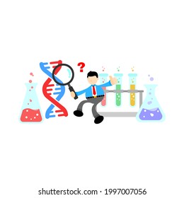 businessman worker research genetic heredity double helix structure part cartoon doodle flat design style vector illustration