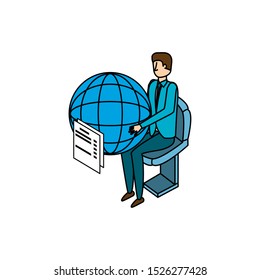 businessman worker with sphere browser and documents vector illustration design
