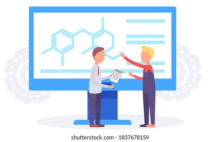 Businessman and worker stand near a large monitor with signs hexagons and communicate on a medical topic. Scientist talks about chemical tests. People discuss chemical symbols, pharmaceutical news