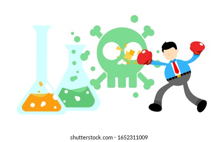 businessman worker stop hazardous skull alert danger toxic laboratory formula cartoon doodle flat design style vector illustration