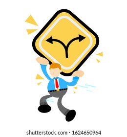 businessman worker and two direction path road sign cartoon doodle flat design style vector illustration