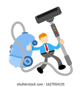 businessman worker and vacuum cleaner machine cartoon doodle flat design style vector illustration