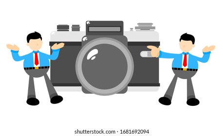 businessman worker and vintage camera photograph cartoon doodle flat design style vector illustration