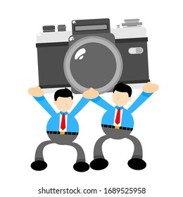 businessman worker and vintage camera photograph cartoon doodle flat design style vector illustration
