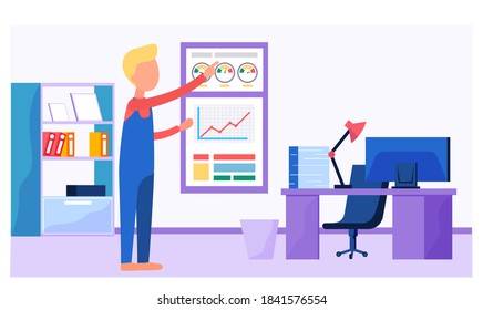 Geschäftsmann arbeitet und analysiert Finanzstatistiken. Der Mann-Vermarkter erforscht Informationen über die Metriken. Guy in Arbeitskleidung zeigt auf ein Poster auf dem Hintergrund. männlicher Bediensteter im Büro