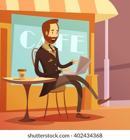 Businessman working background with laptop table and coffee cartoon vector illustration 