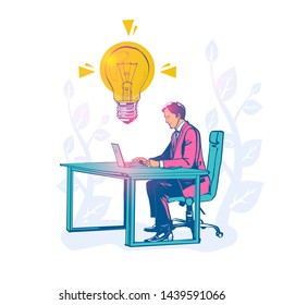 Businessman working behind a laptop comes to good idea. New creative idea. Problem solution metaphor. Vector illustration sketch style. Cartoon comic design. Isolated on background. Thinking processes