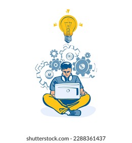 Businessman working behind a laptop comes to good idea. New creative idea. Problem solution metaphor. Vector illustration sketch style. Cartoon comic design. Isolated on background. Thinking processes