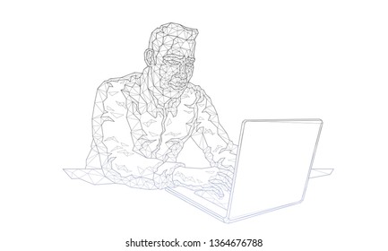 Geschäftsmann, der hinter einem Laptop arbeitet.
Vektorillustration Illustration abstrakte Mashlinie Low-Polygonal und Punkt geometrischen Formen Wireframe Farbverlauf.
Schwarz-weißer, weißer Hintergrund, Kontur, Silhouette.