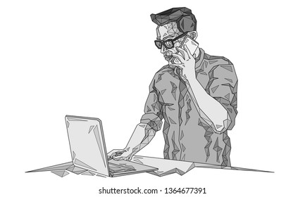 Businessman  working behind a laptop.
Vector illustration abstract mash line low polygonal and point geometric shapes wireframe gradient.
Black and white drawing white background, contour, silhouette.