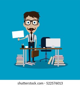 businessman working behind office desk holding blank sign vector art