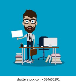businessman working behind office desk holding blank sign vector art