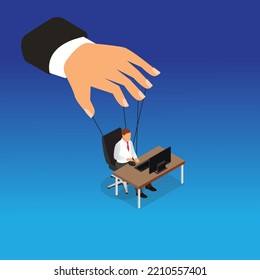 businessman working and being controlled by puppet master 3d isometric vector illustration concept for banner, website, landing page, ads, flyer template