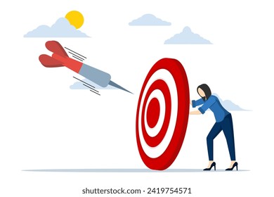 Businessman working with big target with arrow. Internal marketing, promotion of company goals, businessman holding targets. determine company targets, leadership, success, online education.