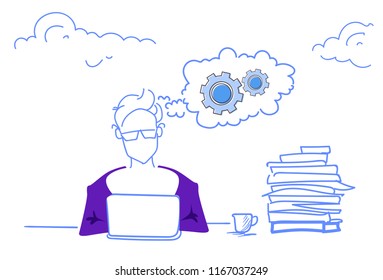 businessman working brainstorming process cogwheel mechanism hardworking procession generation concept horizontal sketch doodle vector illustration