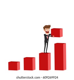Businessman working to build raising the graph. Solving finances and crisis management concept. Cartoon Vector Illustration.