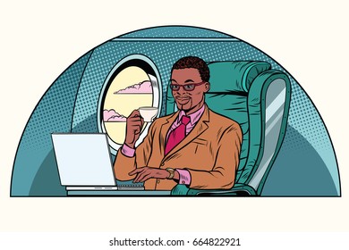 businessman working in the business class cabin. African American people. Aviation and travel. Pop art retro vector illustration