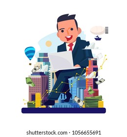 businessman working by laptop with city in background. Real estate agent. Real estate developers. make money by real estate concept - vector illustration