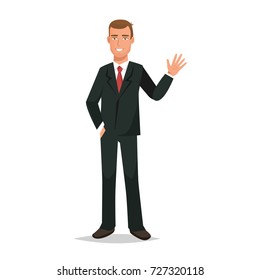 Businessman working cartoon character person in office work situations. Man, office worker in office clothes, gestures hand, is dressed in beautiful business suit. Work, business. Vector illustration.