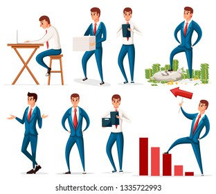 Businessman working character design set. Cartoon character design. Bank, finance worker. Flat vector illustration isolated on white background.