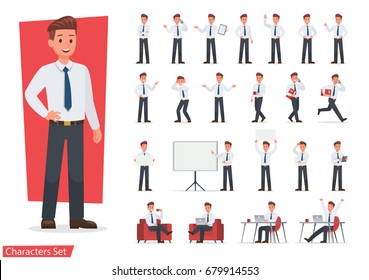 Businessman working character design set. Vector design. - Shutterstock ID 679914553