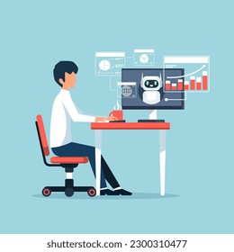 Businessman working with chatbot assistant on computer. Artificial intelligence help service for management business data. Chat bot by ai. Vector illustration flat design for banner, and background.