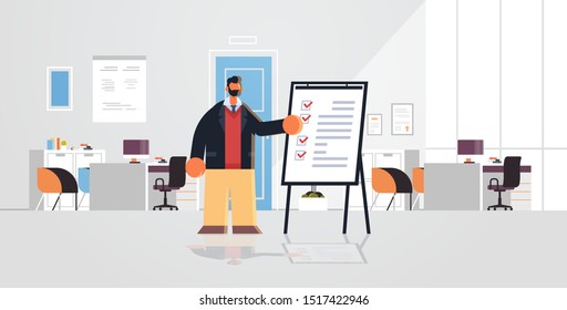 businessman working with check list business man standing near flip chart with questionnaire survey form test concept modern office interior flat full length horizontal