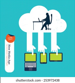 Businessman working from a cloud with laptop mobile phone and tablet. Vector illustration Eps10 file. Global colors. Text and Texture in separate layers.