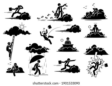 Businessman Working In The Cloud Or Sky. Vector Illustrations Of A Business Man Flying, Throwing Money, Resting, Working, And Reading On A Cloud. Bad Luck Person Struck By Lightning Or Thunder.