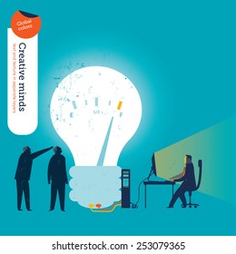 Businessman working with computer branched to a bulb. Vector illustration Eps10 file. Global colors. Text and Texture in separate layers.