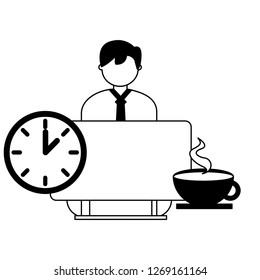 businessman working computer clock and coffee