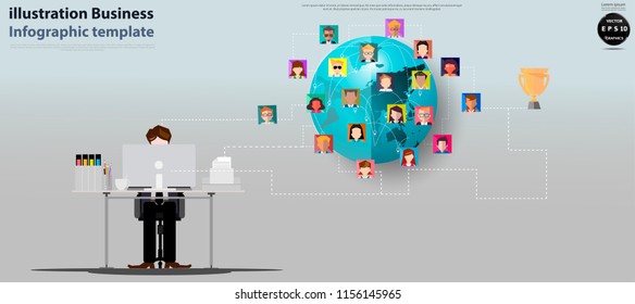 Businessman  working Computer, Contact communicate, People various, Social Network Technology,Earth,Trophy For success,Infographic template.
