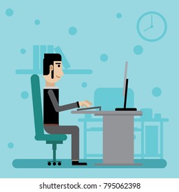 Businessman working with computer. Flat design character