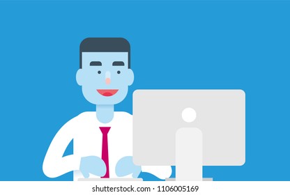Businessman working with computer flat graphic style