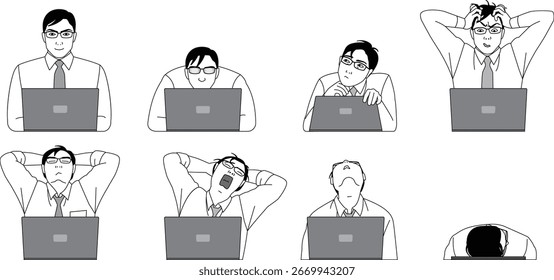 A businessman working at a computer. Illustration of a man's upper body with a laptop
