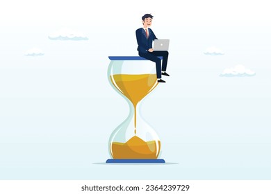 Businessman working with computer laptop on time passing sandglass, working with time count down, project deadline or time management, urgent work, productivity or work efficiency (Vector)