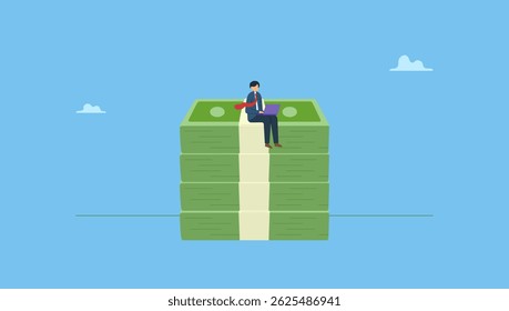 Businessman working with computer laptop on stack of money bundle. High paying jobs or high salary career, excellent income and wages, make money online with computer and internet.