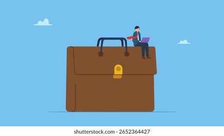 Businessman working with computer laptop on briefcase. Symbolizes work experience, expertise or professional employee, specialist skill, occupation or administrator work, wisdom or employment.