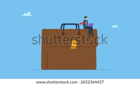 Businessman working with computer laptop on briefcase. Symbolizes work experience, expertise or professional employee, specialist skill, occupation or administrator work, wisdom or employment.