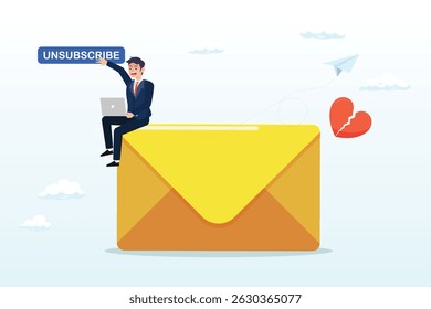 Empresário trabalhando com computador laptop empurre o botão de cancelamento de inscrição, cancelar a inscrição e-mail sair da lista de correspondência, cancelar a inscrição botão, remover ou deixar e-mail de marketing, excluir ou conceito de rejeição
