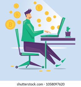 Businessman working at computer. Mining Bitcoins