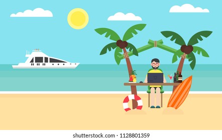 Empresario trabajando en un ordenador en la playa. El administrador del sistema está de vacaciones.