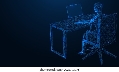 A businessman working at a computer. Polygonal construction of lines and points. Blue background