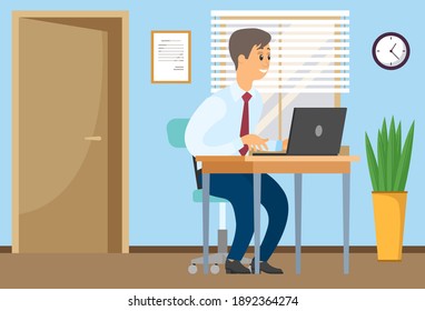 Businessman working at the computer sitting at a table in office space. Smiling man in shirt and tie looking at the laptop screen. Freelancer doing work on the computer. Happy manager at his workplace