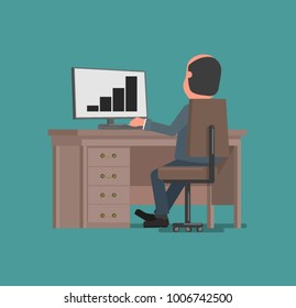 Businessman working at the computer. Vector illustration, a flat style design. Suitable for animation (individual segments).