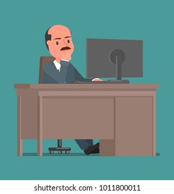 Businessman working at the computer. Vector illustration, a flat style design. Suitable for animation (individual segments).