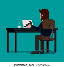 Businessman working at the computer. Vector illustration, flat design drawing.