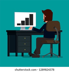 Businessman working at the computer. Vector illustration, flat design drawing.