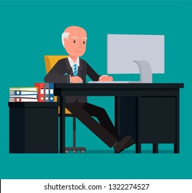 Businessman working at the computer. Vector illustration, flat design drawing.